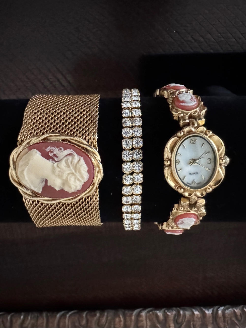 Vintage Faux Cameo Bracelet Watch Gold Tone Rhinestone 3pc Set
